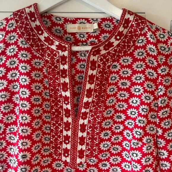 TORY BURCH EUC Jayne Mod Flower Print Sequin Tunic Top - Picture 6 of 11